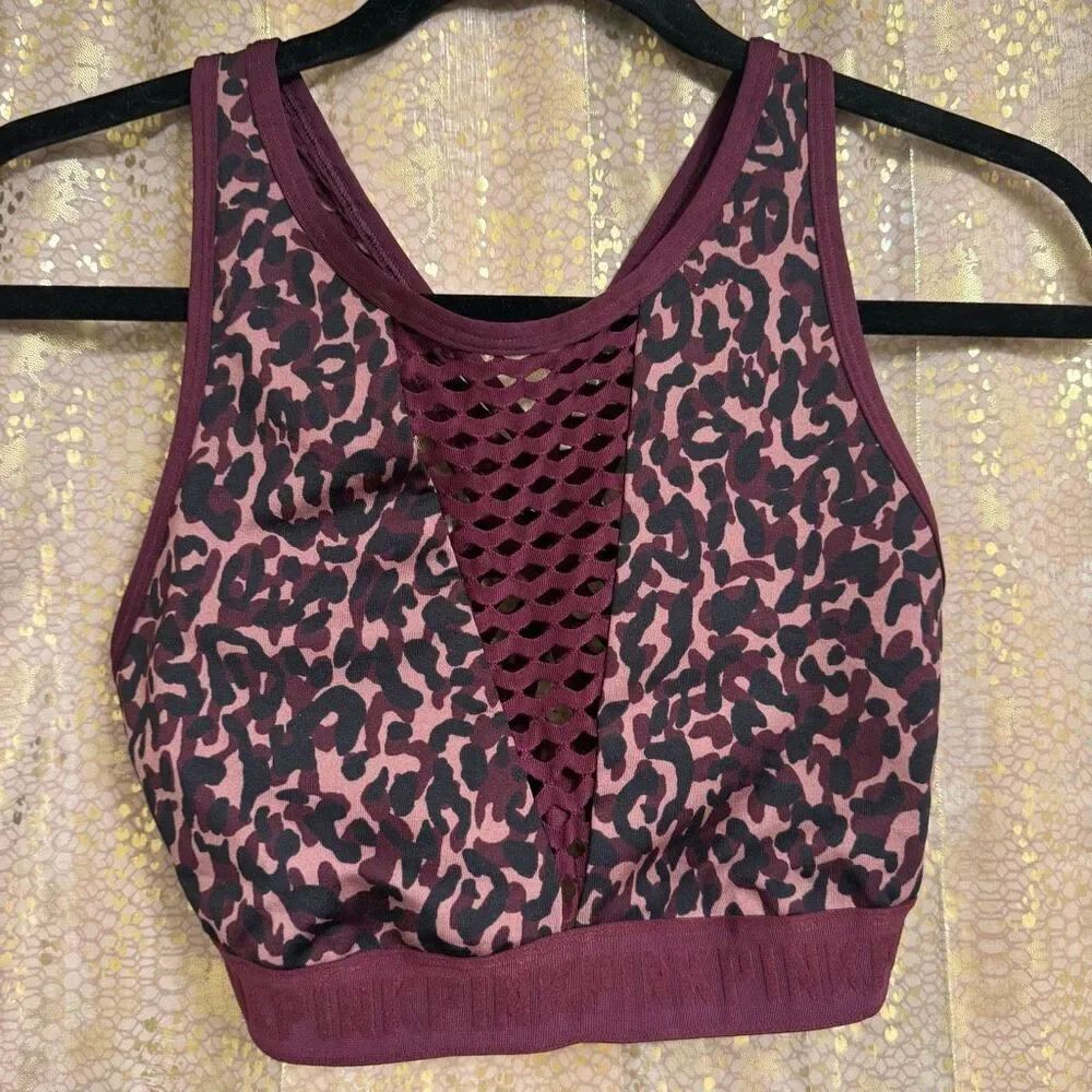 PINK Victorias Secret Ultimate Unlined Maroon Leopard Sports Bra Small-DD